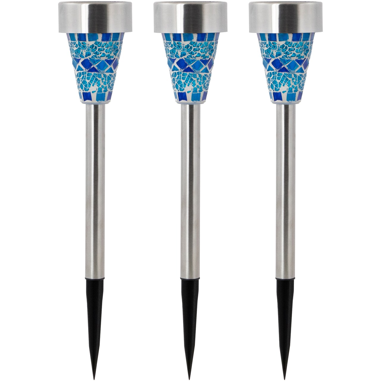 Northlight Set of 3 Blue Mosaic Stained Glass Solar Powered LED Pathway Markers, 15.5"